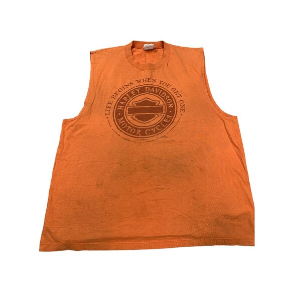 Harley-Davidson Orange Sleeveless Tee Men's Large "Life Begins When You Get One" - Picture 1 of 12